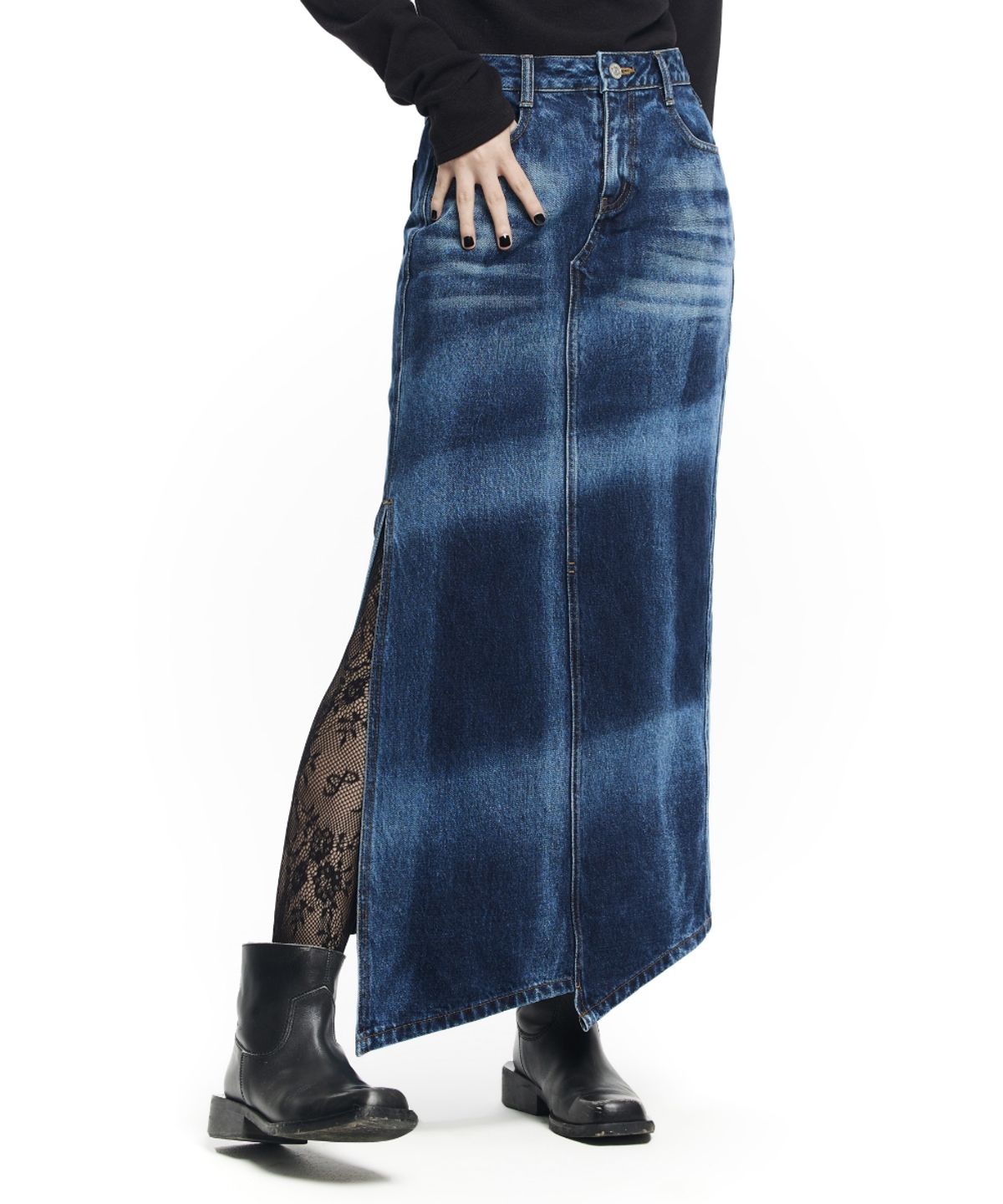 메종미네드(MAISON MINED) (W) SPOTLIGHT SIDE SLIT DENIM SKIRT BLUE