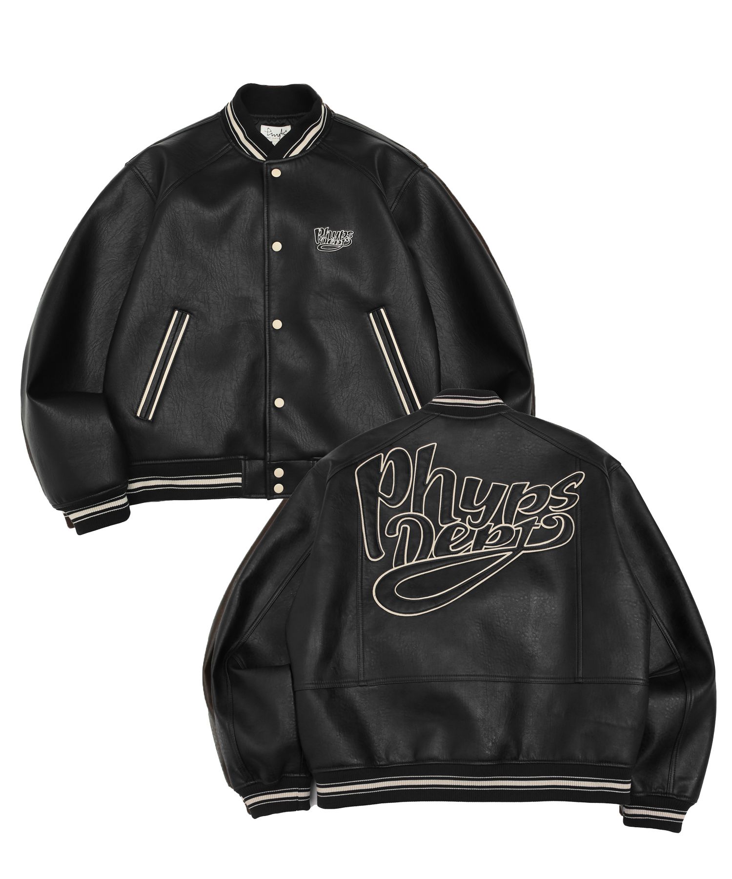 MUSINSA公式 | PHYPS LEATHER VARSITY JACKET DARK BLACK