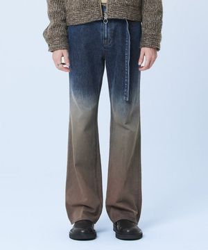 Gradation Flare Belted Denim - BROWN
