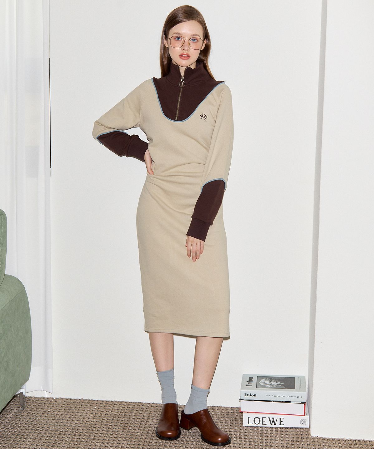 살롱 드 욘(SALON DE YOHN) Color Block Cozy Dress_Beige