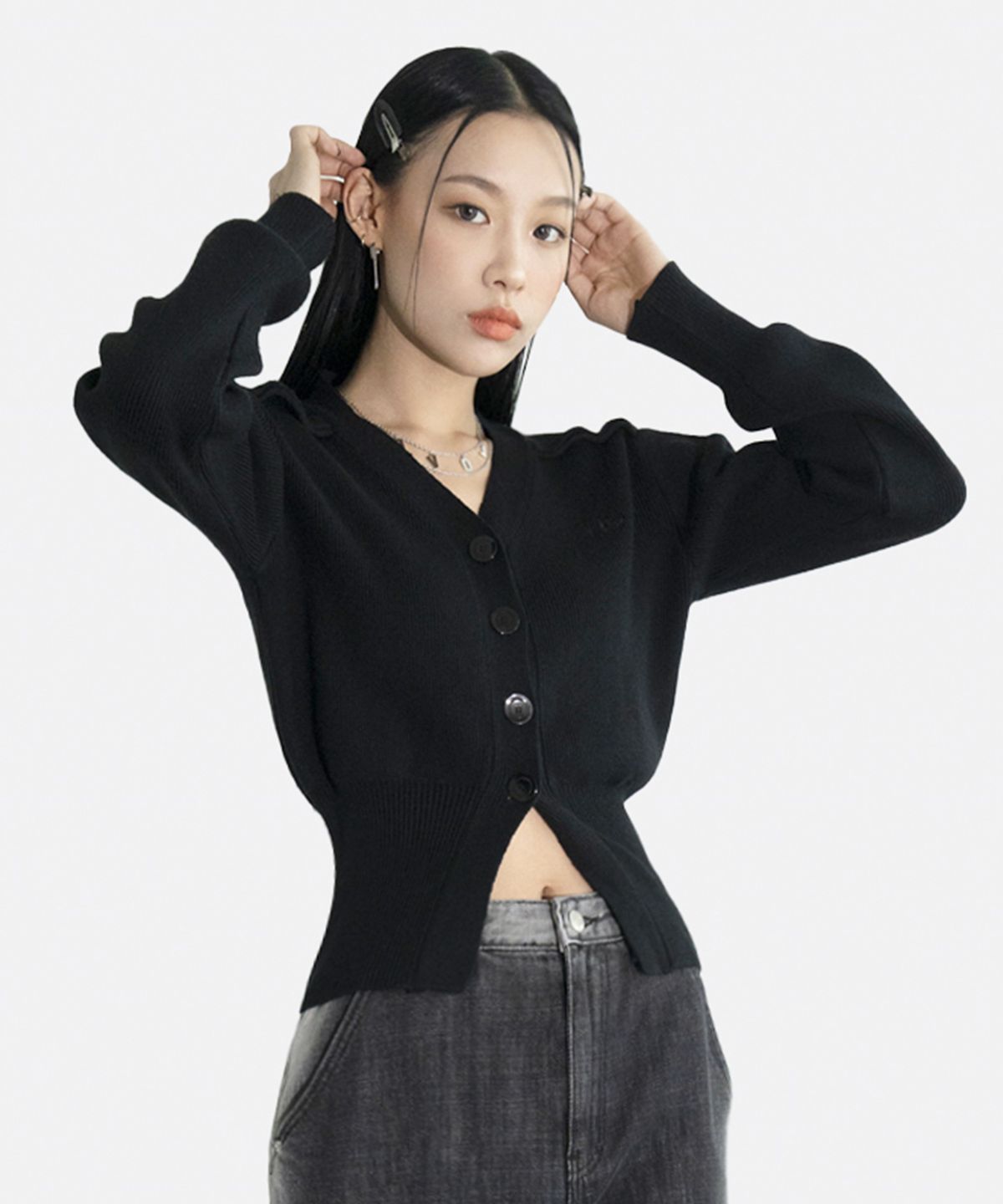 어반드레스(AVANDRESS) Balloon Ribbed Cardigan BLACK