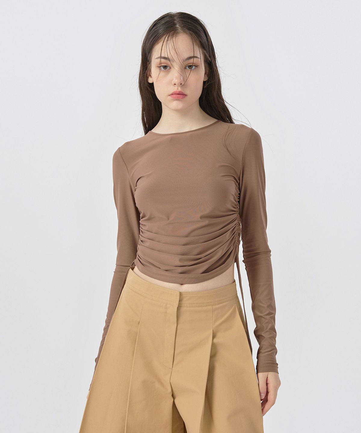 워브먼트(WOVEMENT) [22FW] Side String Point T-shirt - Brown