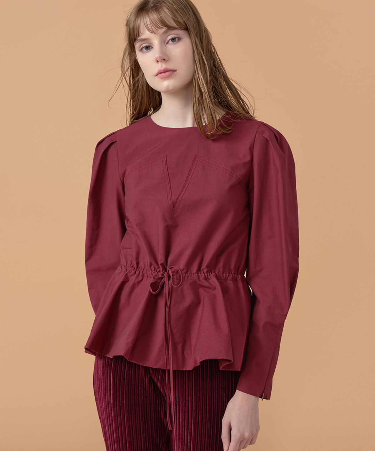 워브먼트(WOVEMENT) [22FW] Waist Tied Blouse - Burgundy