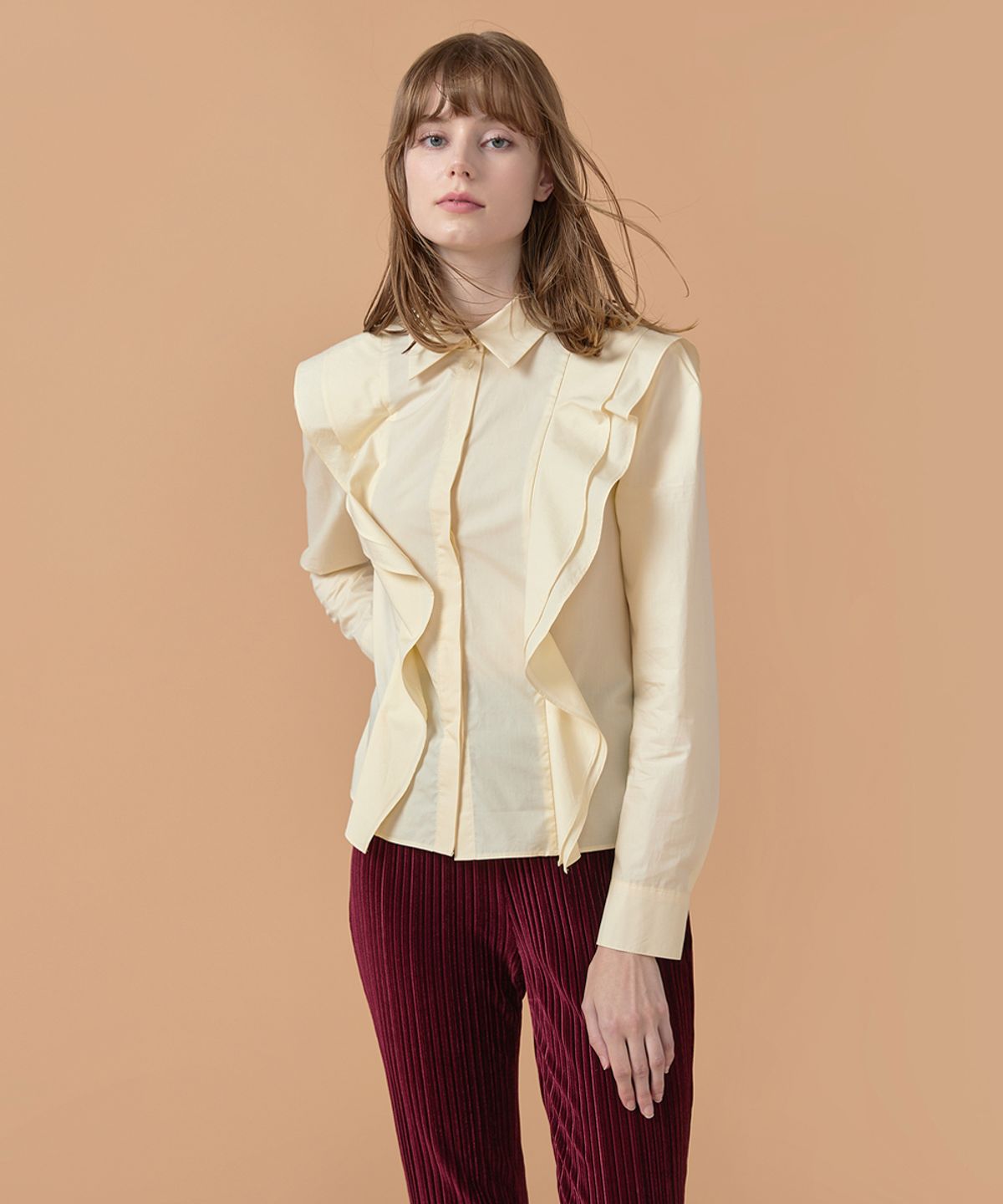 워브먼트(WOVEMENT) [22FW] Ruffle Detail Shirt - Light Yellow