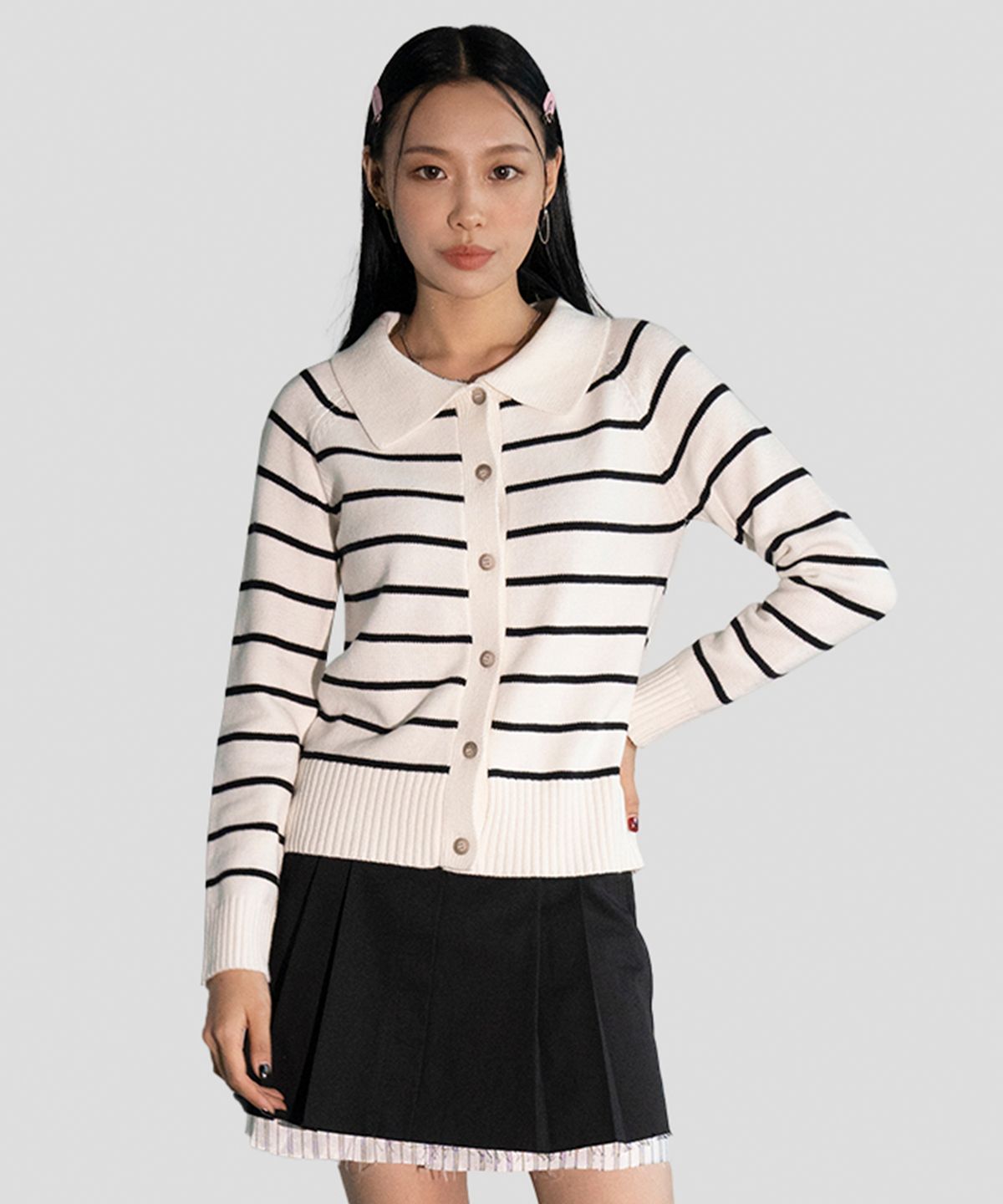 어반드레스(AVANDRESS) Striped Collar Knit Cardigan IVORY