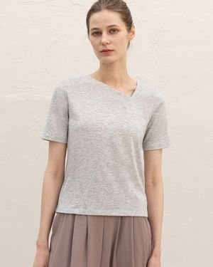 (FM40522)비대칭 넥 숏 슬리브_그레이멜란지