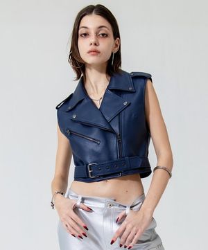 스타 프린팅 레더 크롭 라이더 베스트 [네이비]