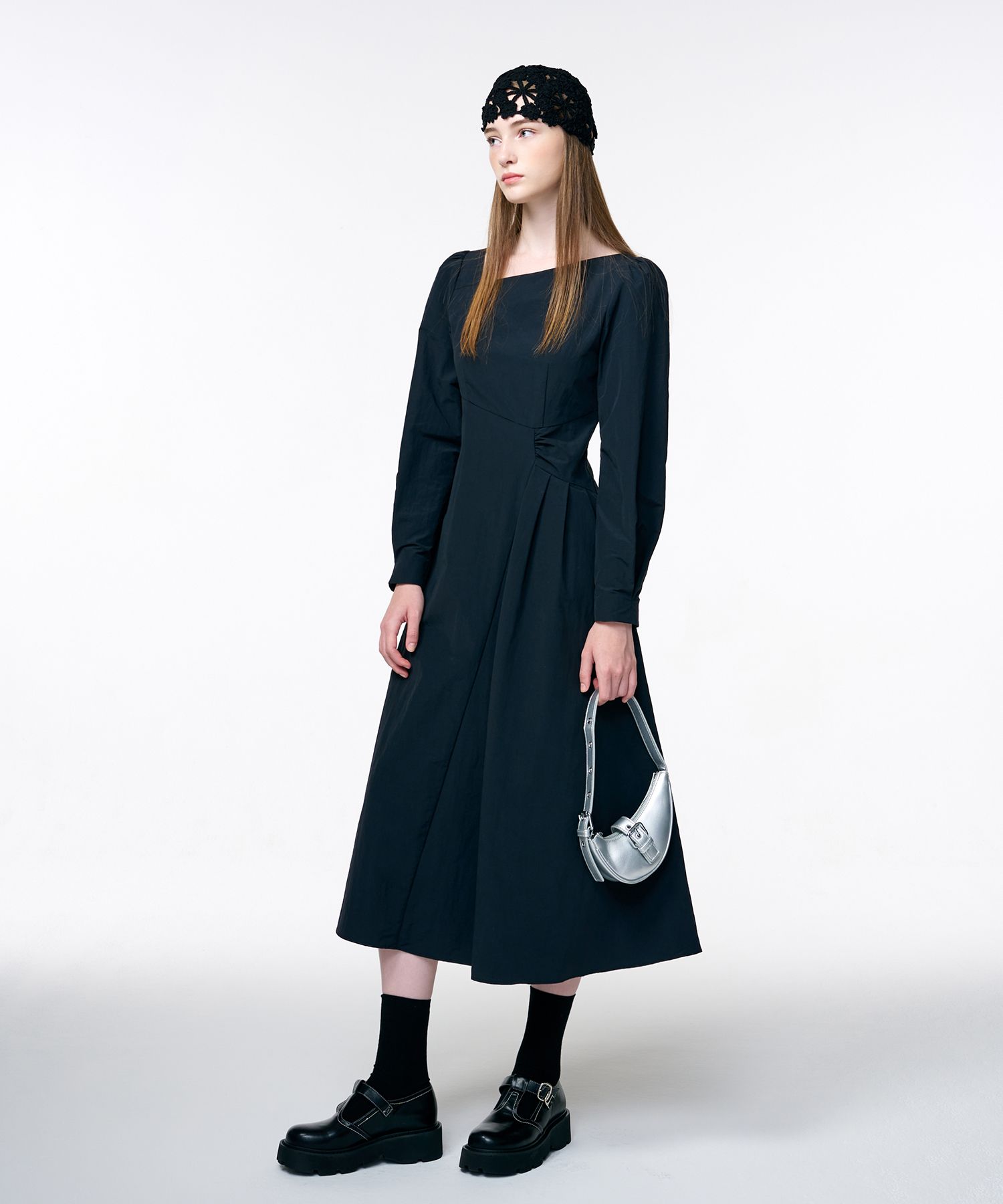 MUSINSA | ETMON Unbalance Line Pintuck Dress Black