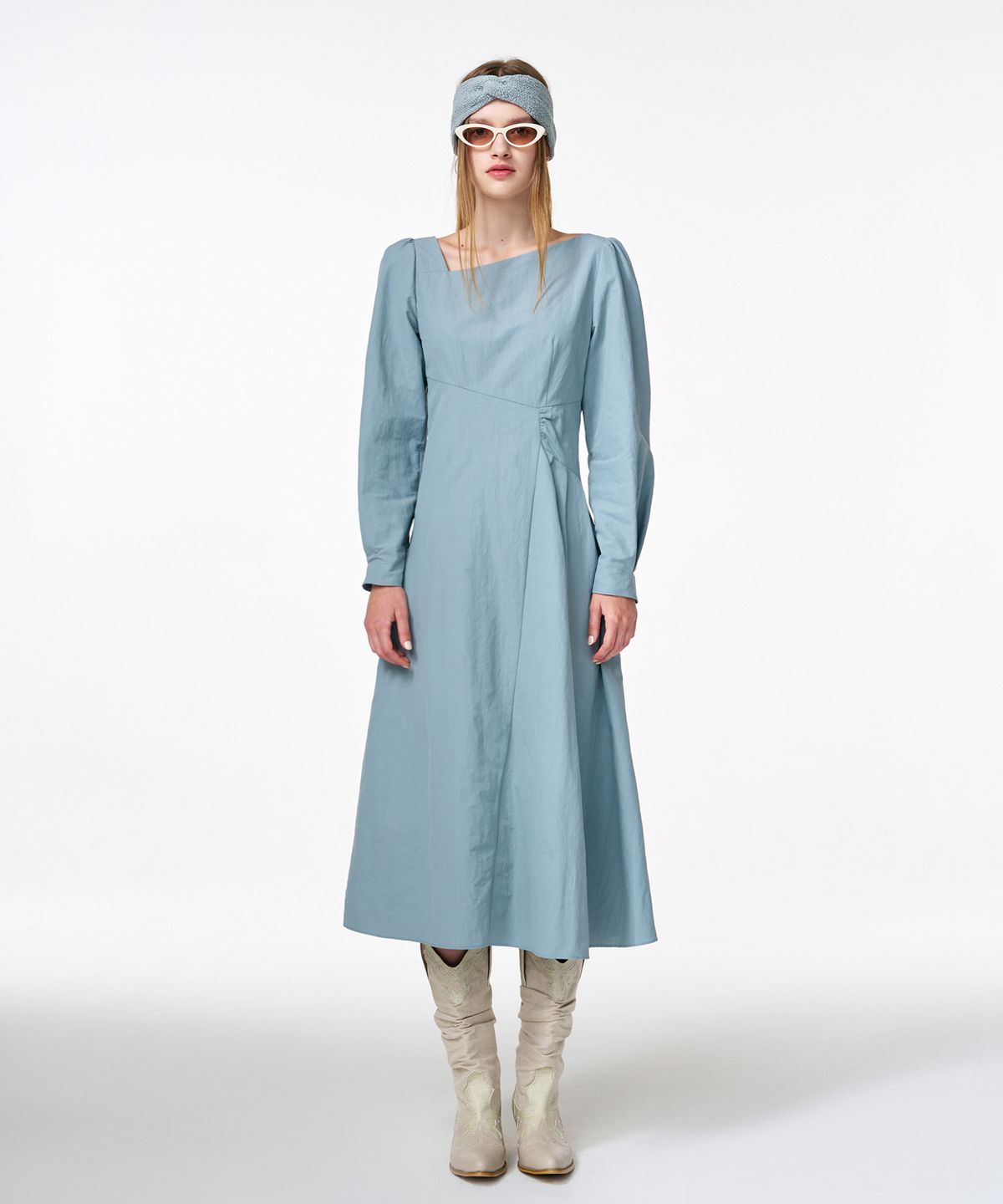 에트몽(ETMON) Unbalance Line Pintuck Dress  Greyish Blue