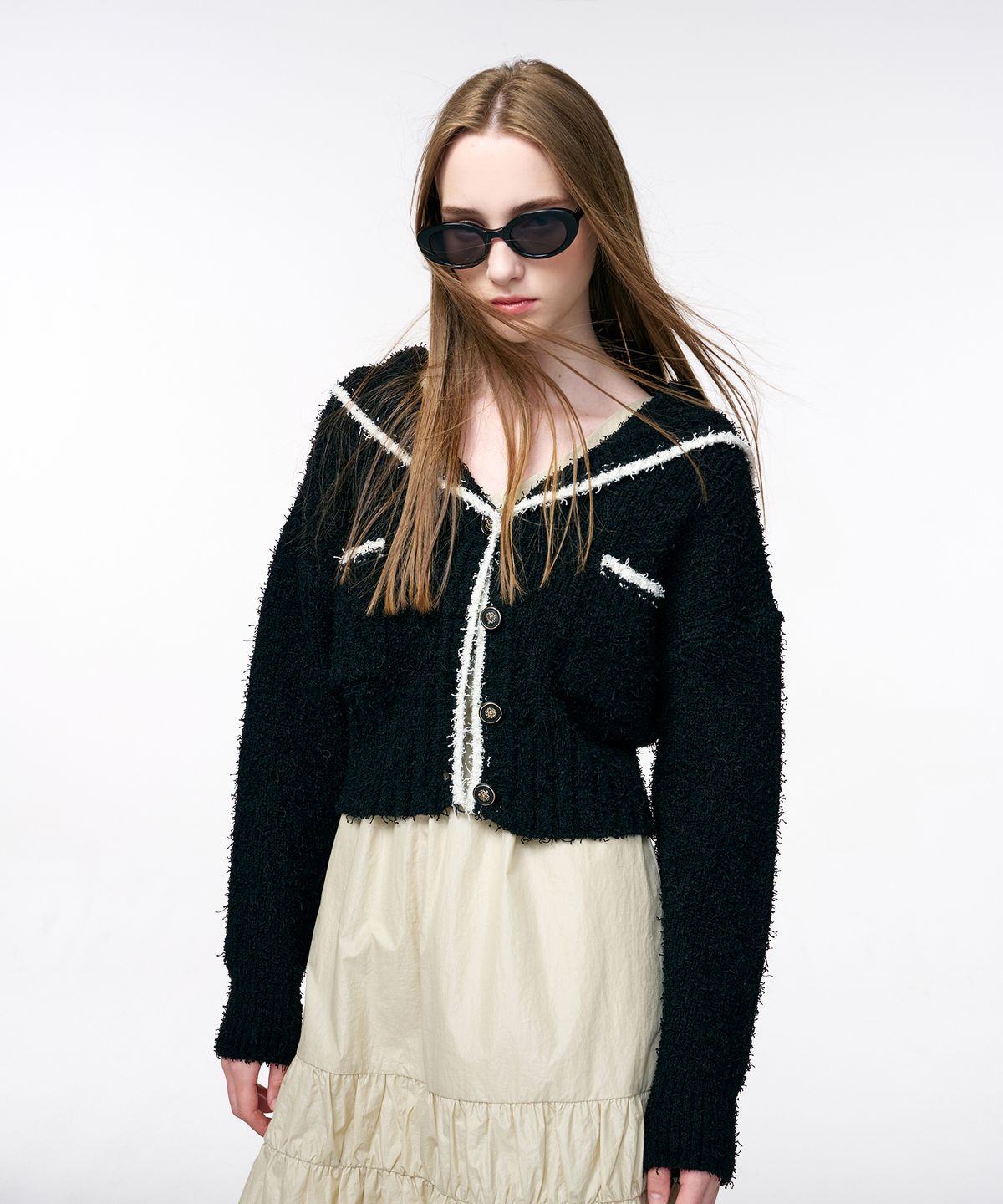 에트몽(ETMON) Shawl Sailor Collar Knit Cardigan  Black