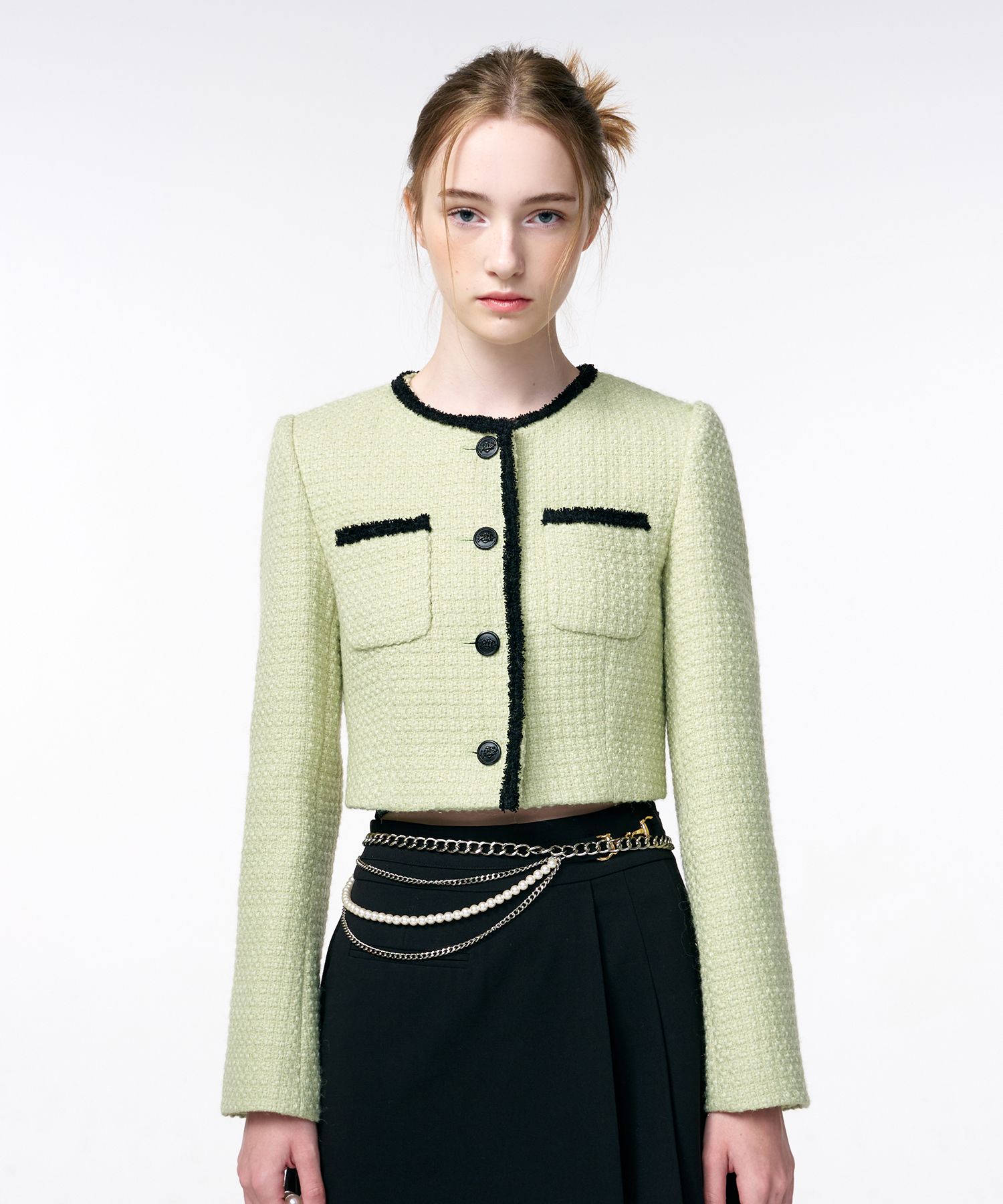 ジャケット ETMON Button Pointed Tweed Jacket, Light Green MUSINSA | ETMON Trimmed Tweed Jacket Light Green