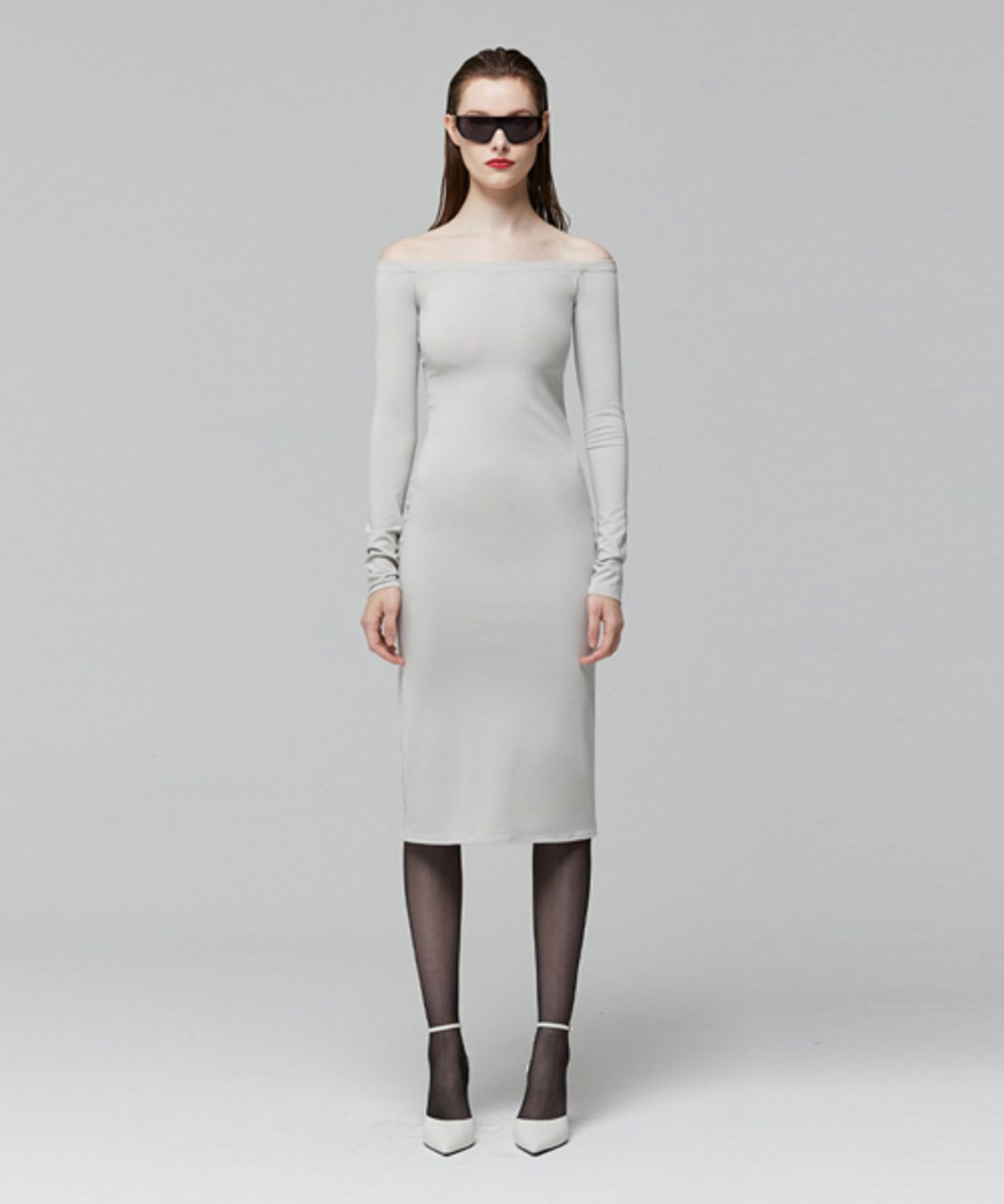레이디 볼륨(LADY VOLUME) OFF SHOULDER LINE DRESS_LIGHT GREY