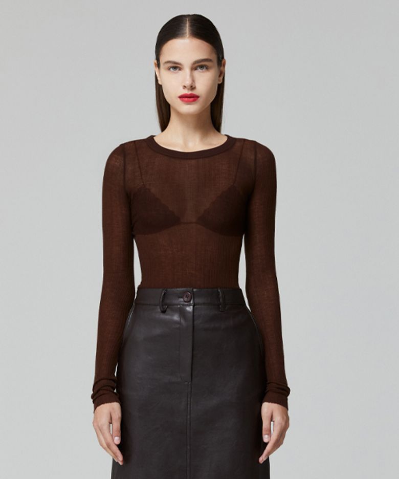CUTTING LINE SLIM KNIT T-SHIRT_BROWN
