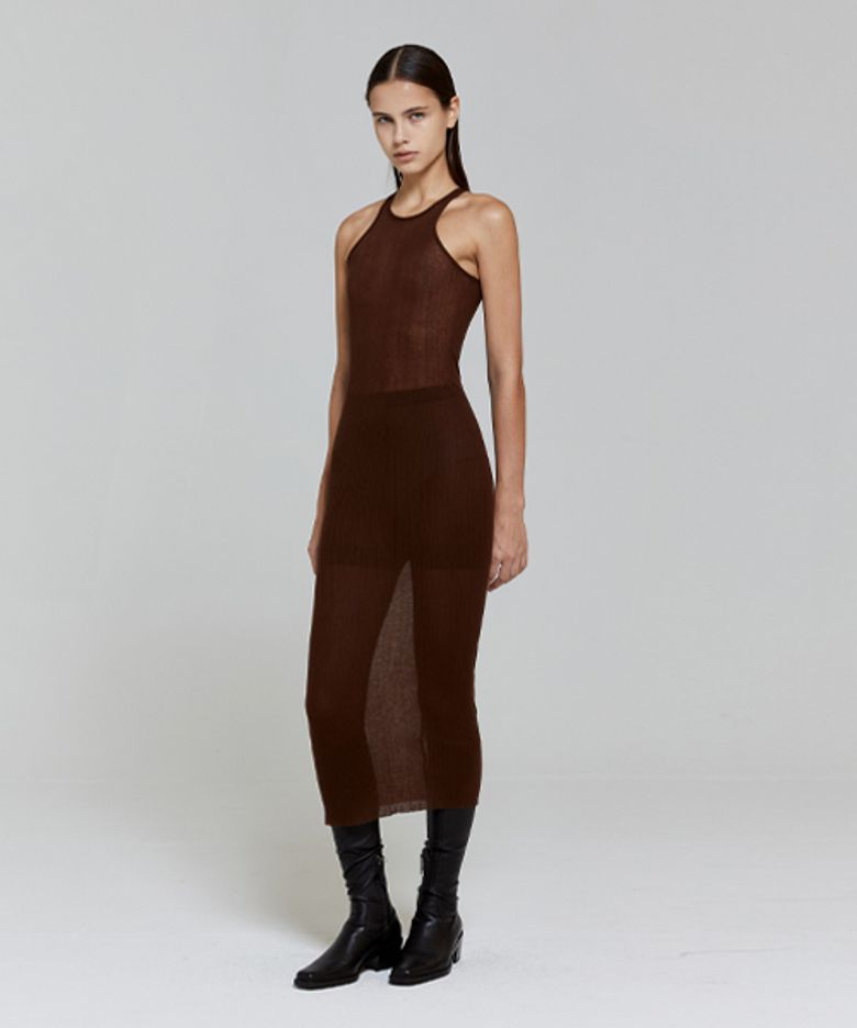 CUTTING HALTER SLIM KNIT DRESS_BROWN