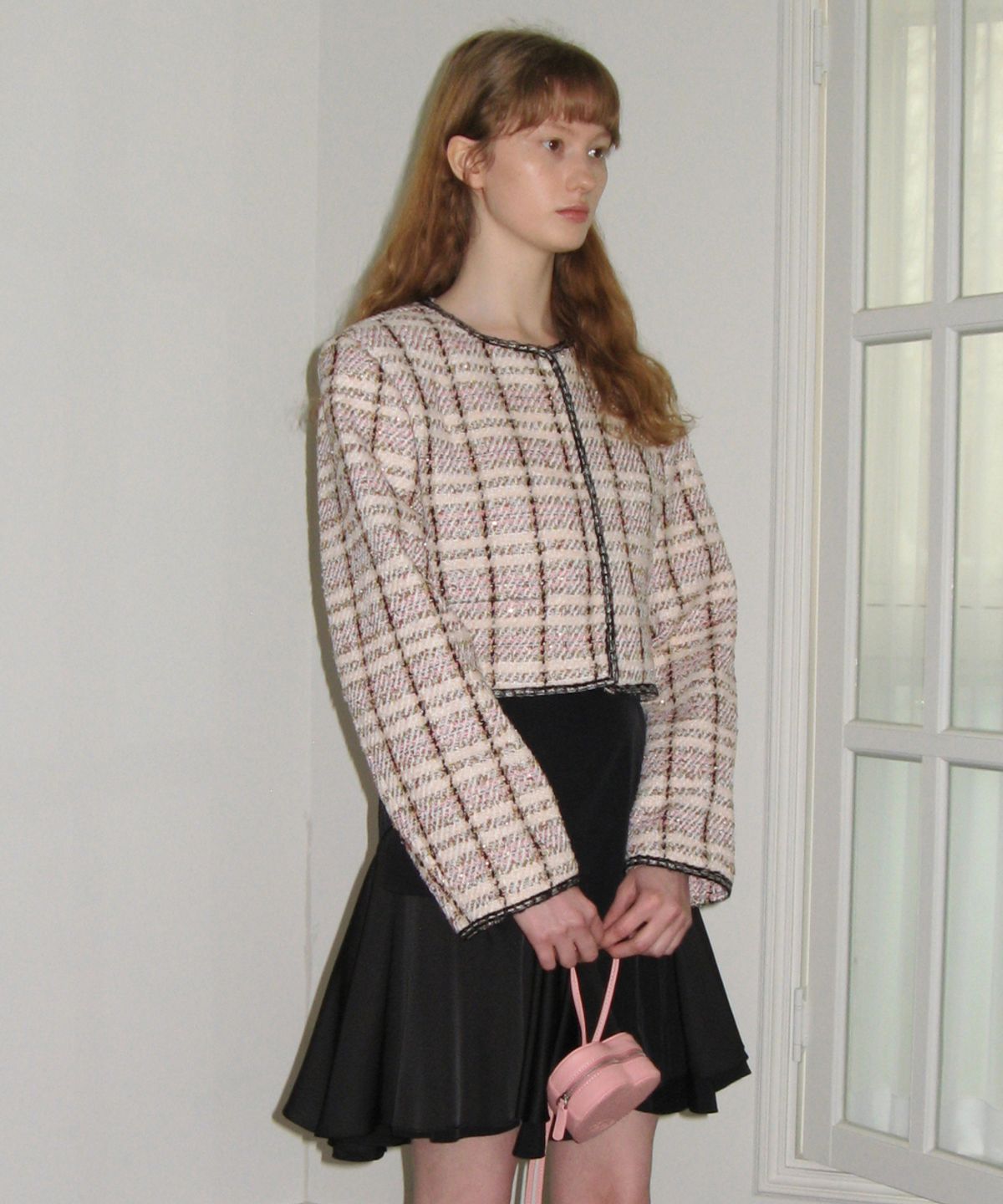 시눈(SINOON) COLLARLESS SHINE TWEED JACKET