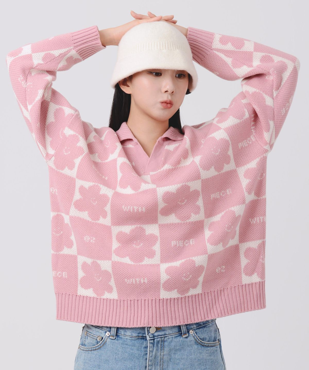 피스메이커(PIECE MAKER) DAISY CHECKERBOARD POLO KNIT SWEATER (PINK)