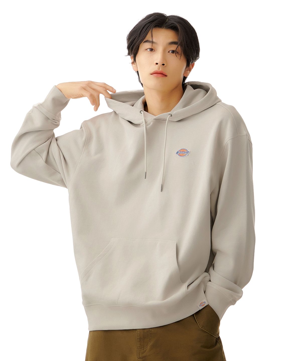 디키즈(DICKIES) 프렌치 테리 릴렉스드 스몰 자수 로고 후드 티셔츠 - 스톤
