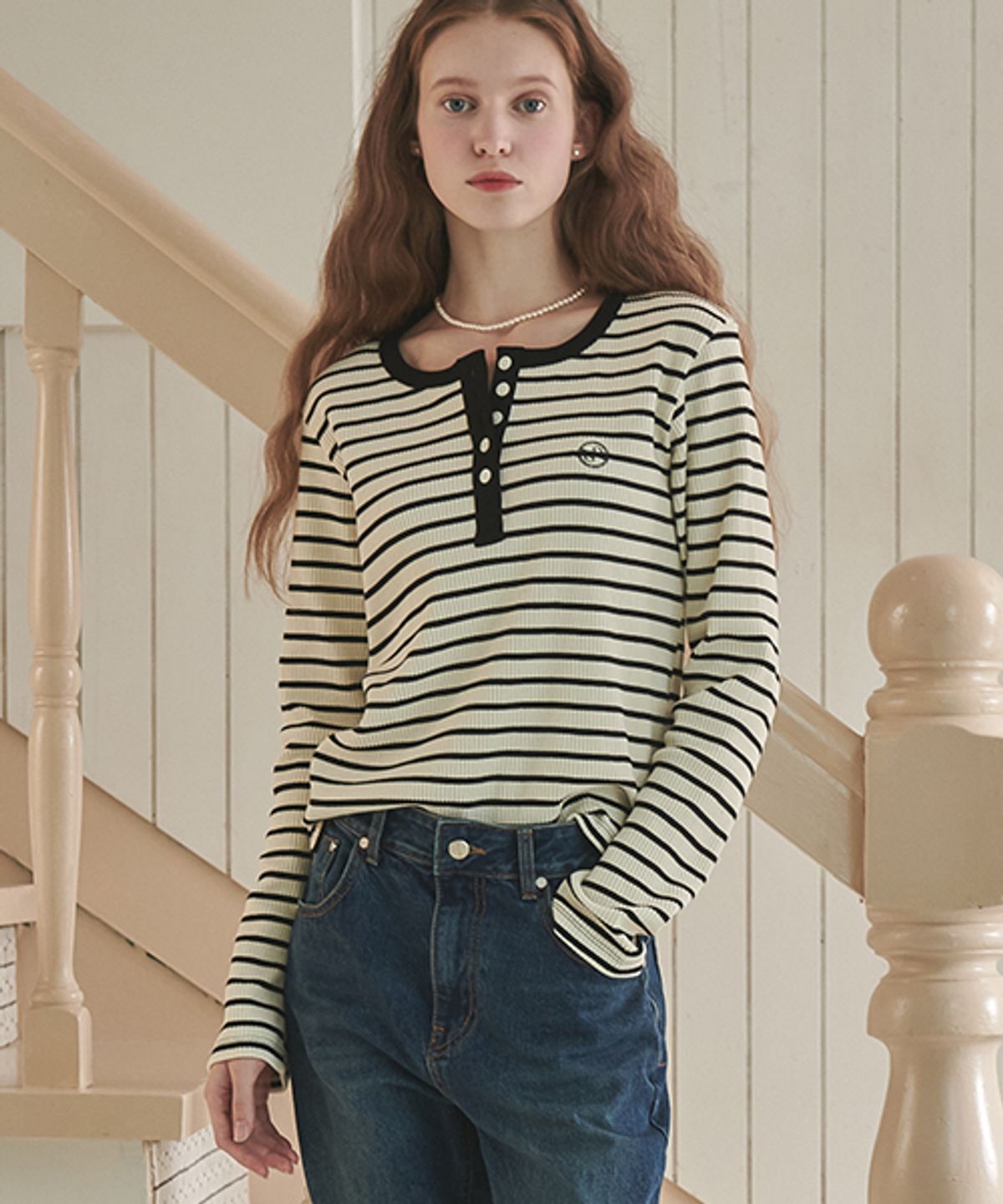 론론(RONRON) Henryneck Long Sleeve Black Stripe
