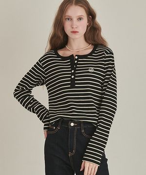 Henryneck Long Sleeve Ecru Black Stripe