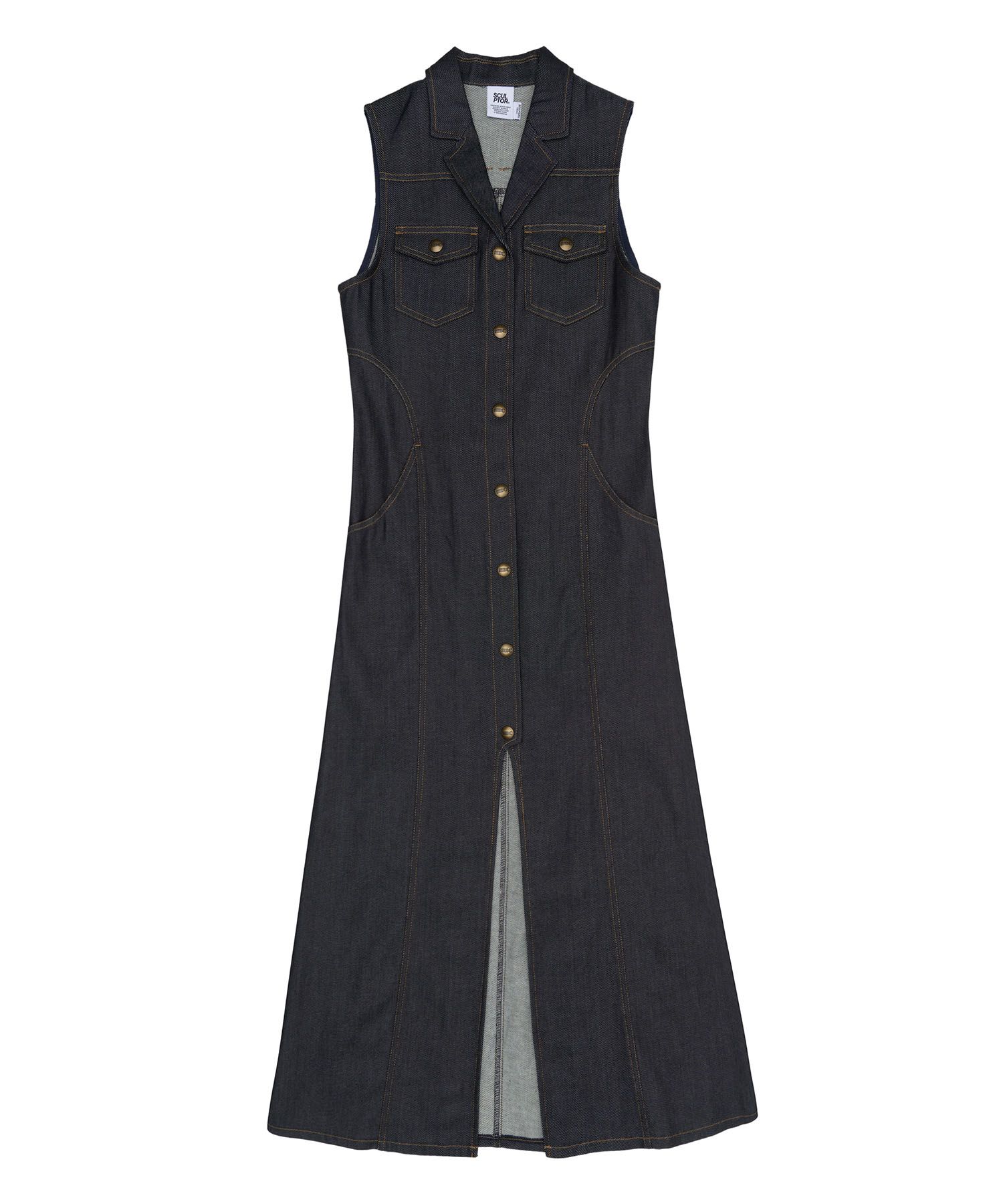 【SCULPTOR】Maxi Sleeveless Denim Coat Indigo Blue MUSINSA公式 | SCULPTOR Maxi Sleeveless Denim Coat Indigo Blue