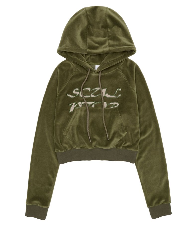 Velour Applique Crop Hoodie Sage