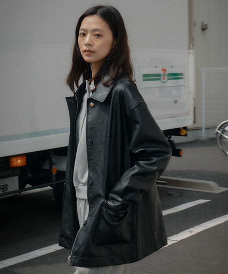 Faux leather pocket jacket_Black