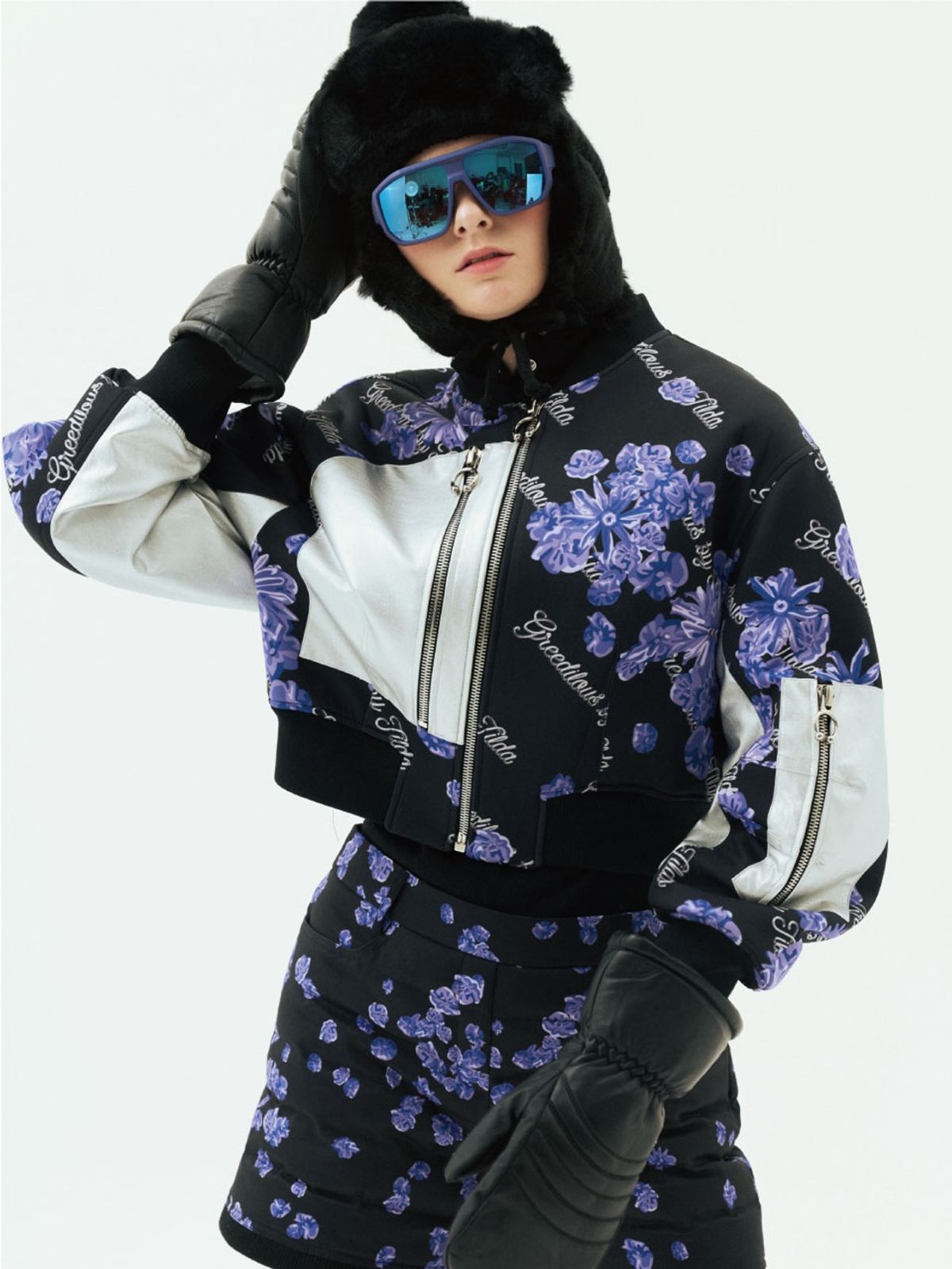 그리디어스(GREEDILOUS) Floral Print  with PU Contrast Bomber Jacket