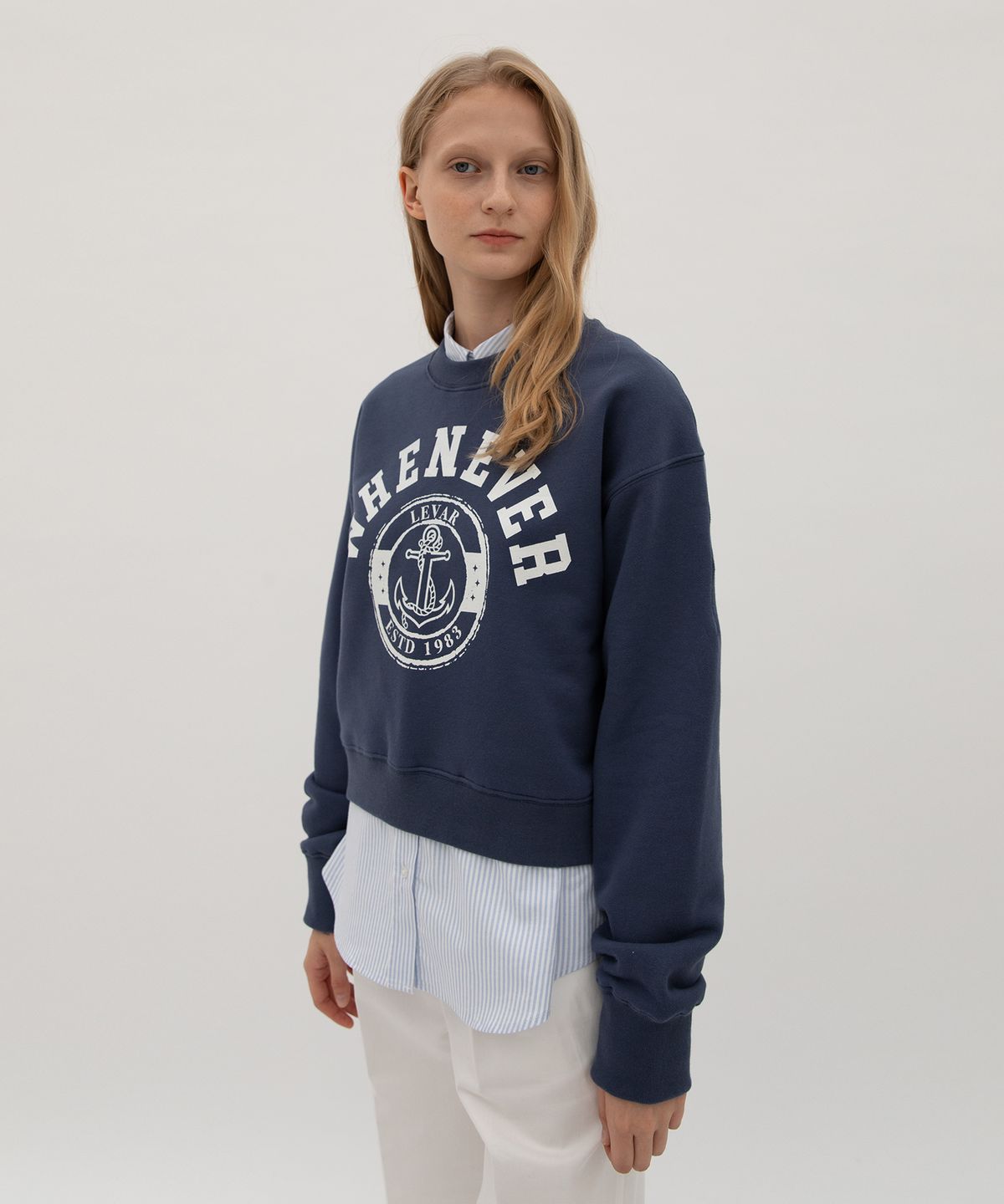 르바(LEVAR) Whenever-Print Sweatshirt - Dusty Navy