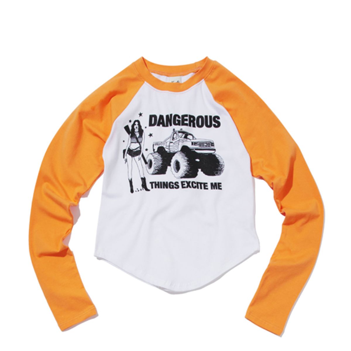 크루치(KRUCHI) DANGEROUS Raglan long-sleeved T-Shirt (WHITE ORANGE) WOMENS