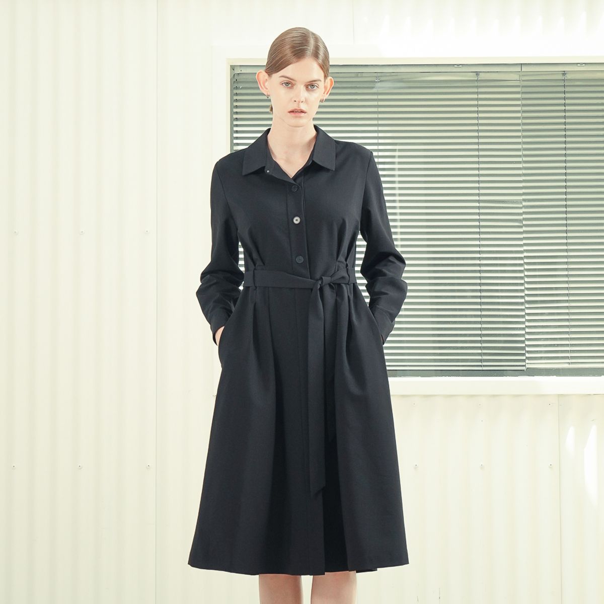 아쿠드(ACUD) Pintuck Detail Belted Shirt Dress _Black