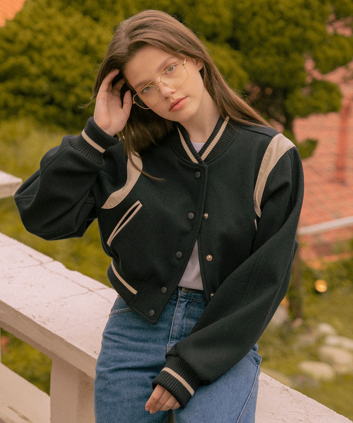 반원 아틀리에(VANONE ATELIER) O3707 Irish crop varsity jacket_Deep navy
