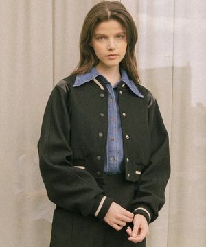 O3707 Irish crop varsity jacket_Black
