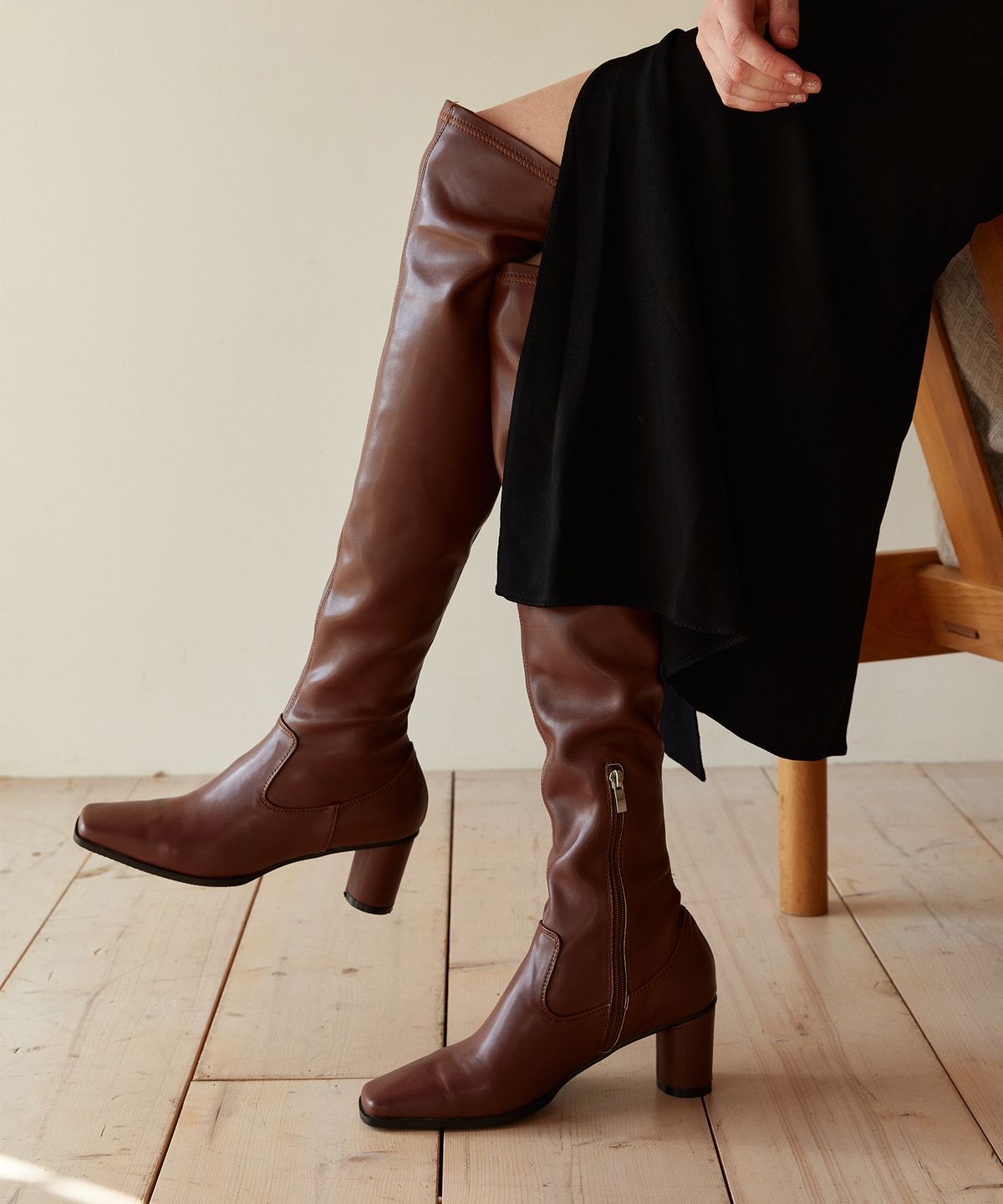 무드나잇(MOODNIGHT) NORA Span knee-high boots leather - 3color 6.5cm 스판 니하이부츠
