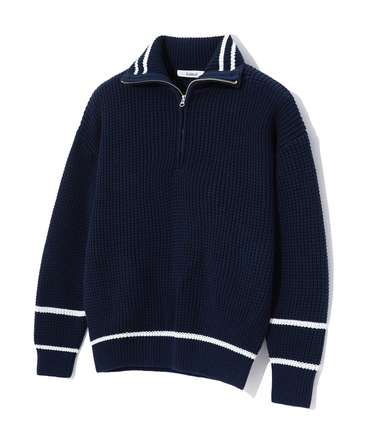 니티드(KNITTED) 소프트코튼 헤비 와플 하프 집업 니트 NAVY/IVORY