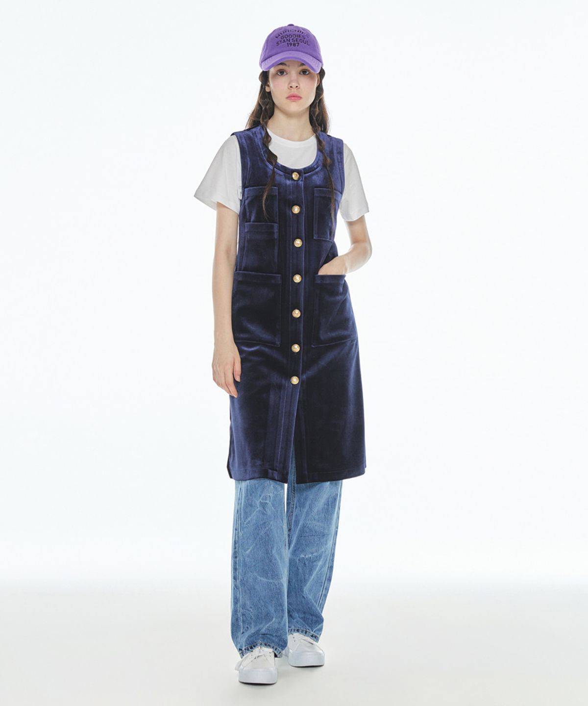 메이크어토스트(MAKE A TOAST) [22FW] VELVET ROUND NECK DRESS - Navy