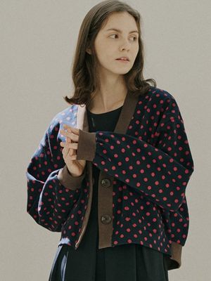 Dot Jacquard Knit Cardigan - NAVY