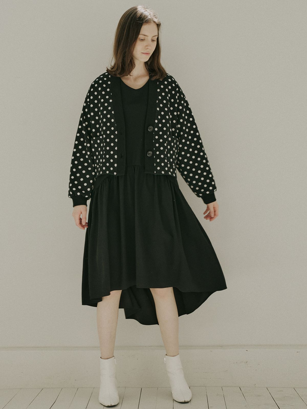 아방(AVANT-G) Dot Jacquard Knit Cardigan - BLACK