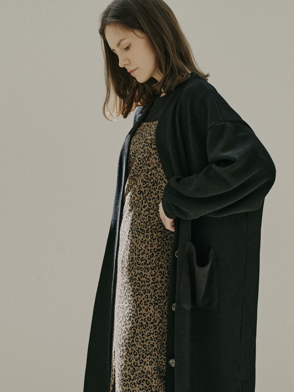 아방(AVANT-G) Oversize Long Knit Cardigan - BLACK