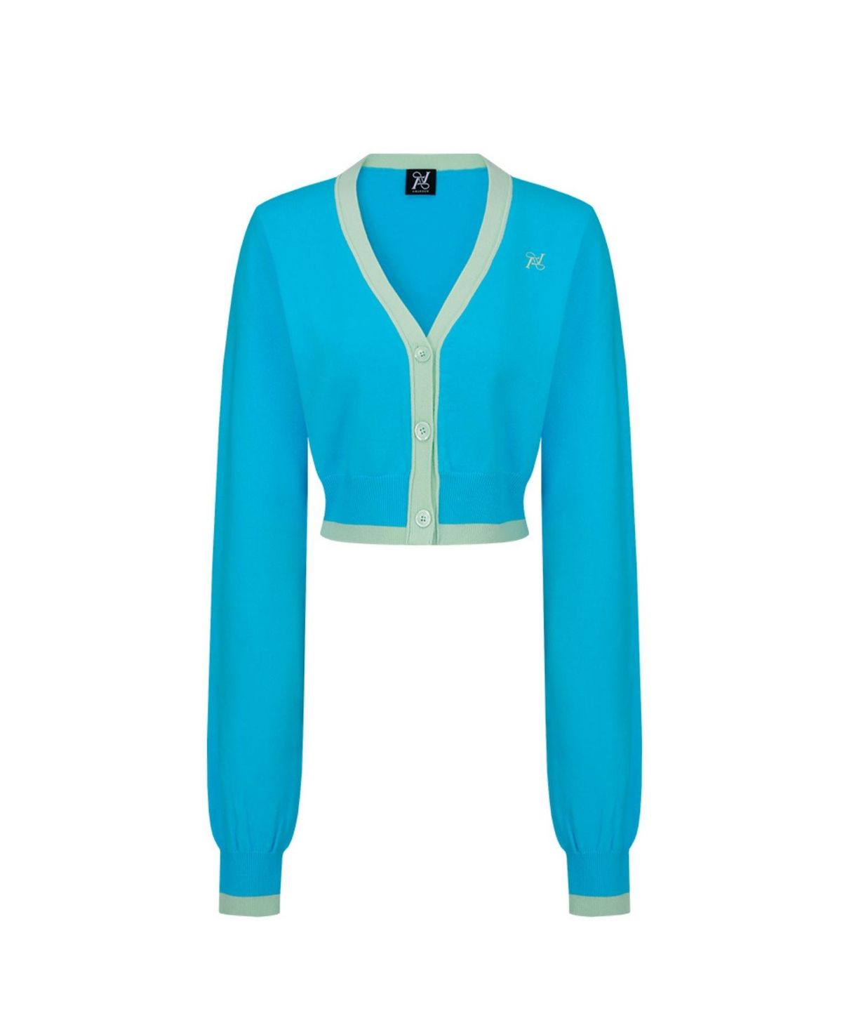 아마듀(AMARDEW) LOGO CROP KNIT CARDIGAN_BLUE NEON GREEN