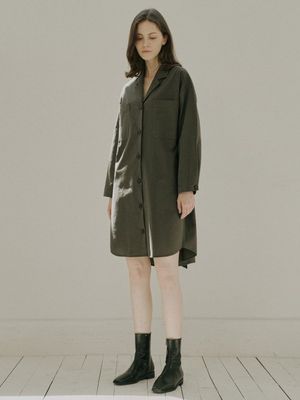 Overfit Shirt Long Sleeve Dress - KHAKI