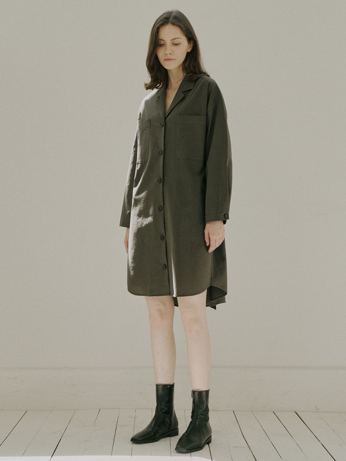아방(AVANT-G) Overfit Shirt Long Sleeve Dress - KHAKI