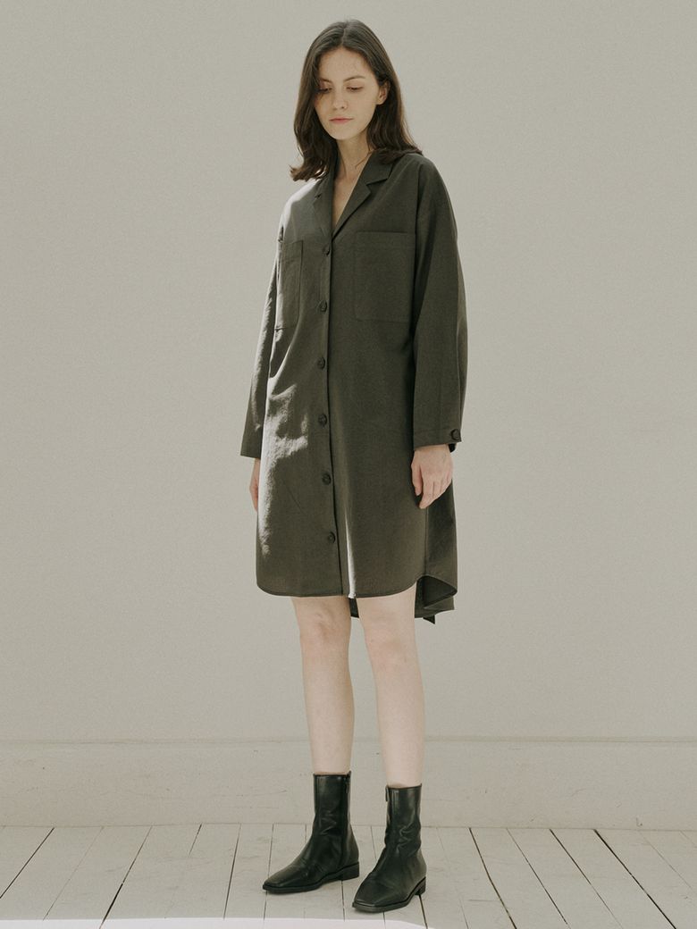 Overfit Shirt Long Sleeve Dress - KHAKI