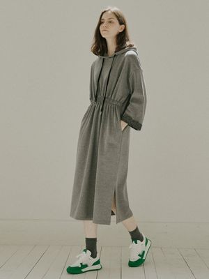 Waistband Hood Long Dress - D/GREY