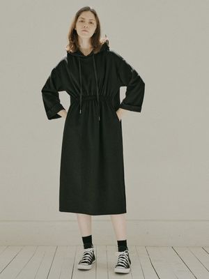 Waistband Hood Long Dress - BLACK