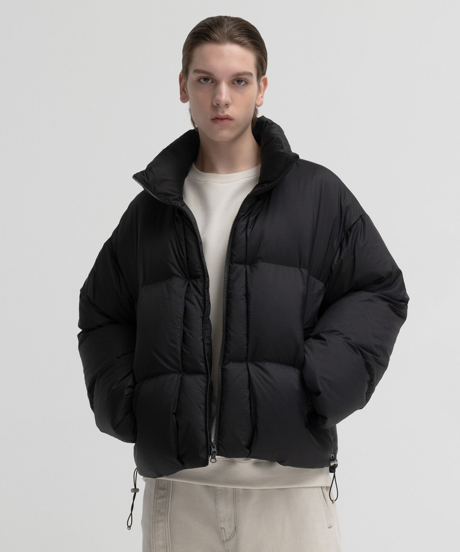 Drawstring Ripstop down puffer jacket BLACK