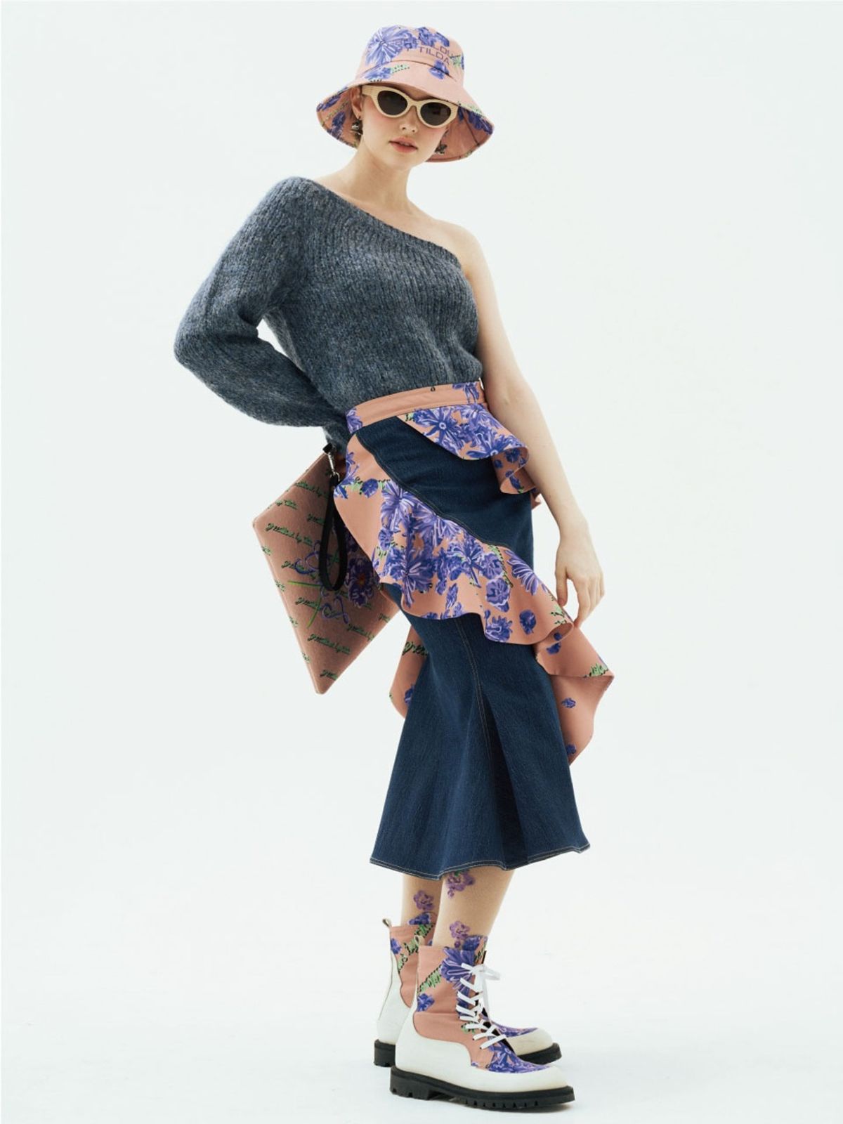 그리디어스(GREEDILOUS) Denim Floral print Ruffle Detail Skirt