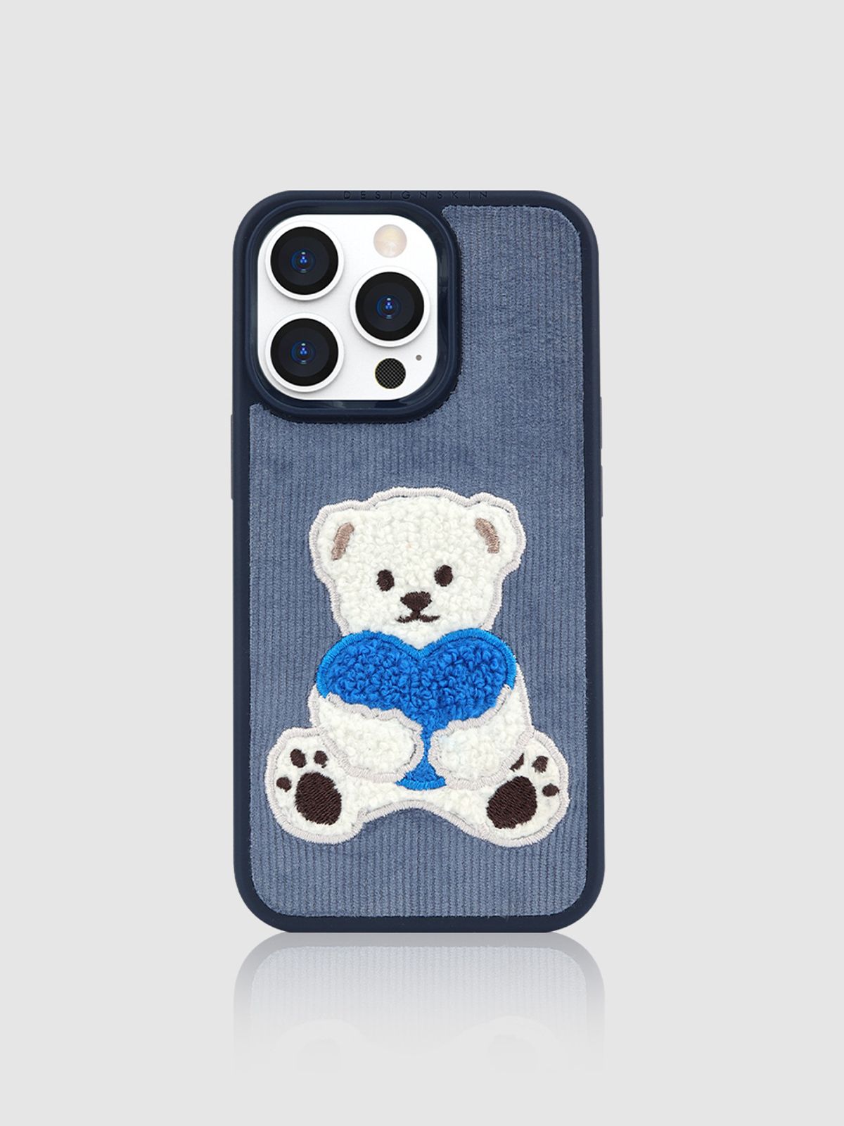 디자인스킨(DESIGNSKIN) 아이폰14/프로/플러스/프로맥스 코듀로이 부클 빅베어 케이스-블루
