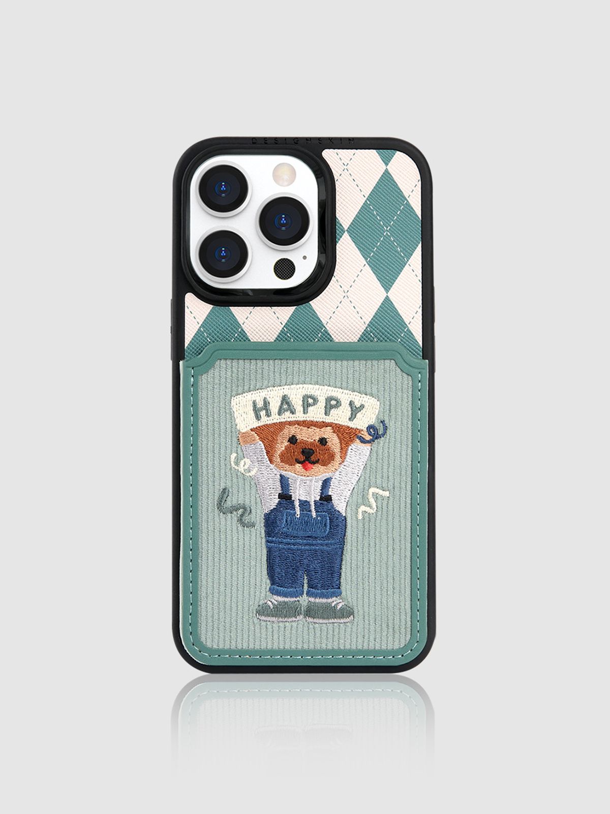 디자인스킨(DESIGNSKIN) 아이폰14/프로/플러스/프로맥스 코듀로이 자수 카드 포켓 파티 케이스-그린/비코