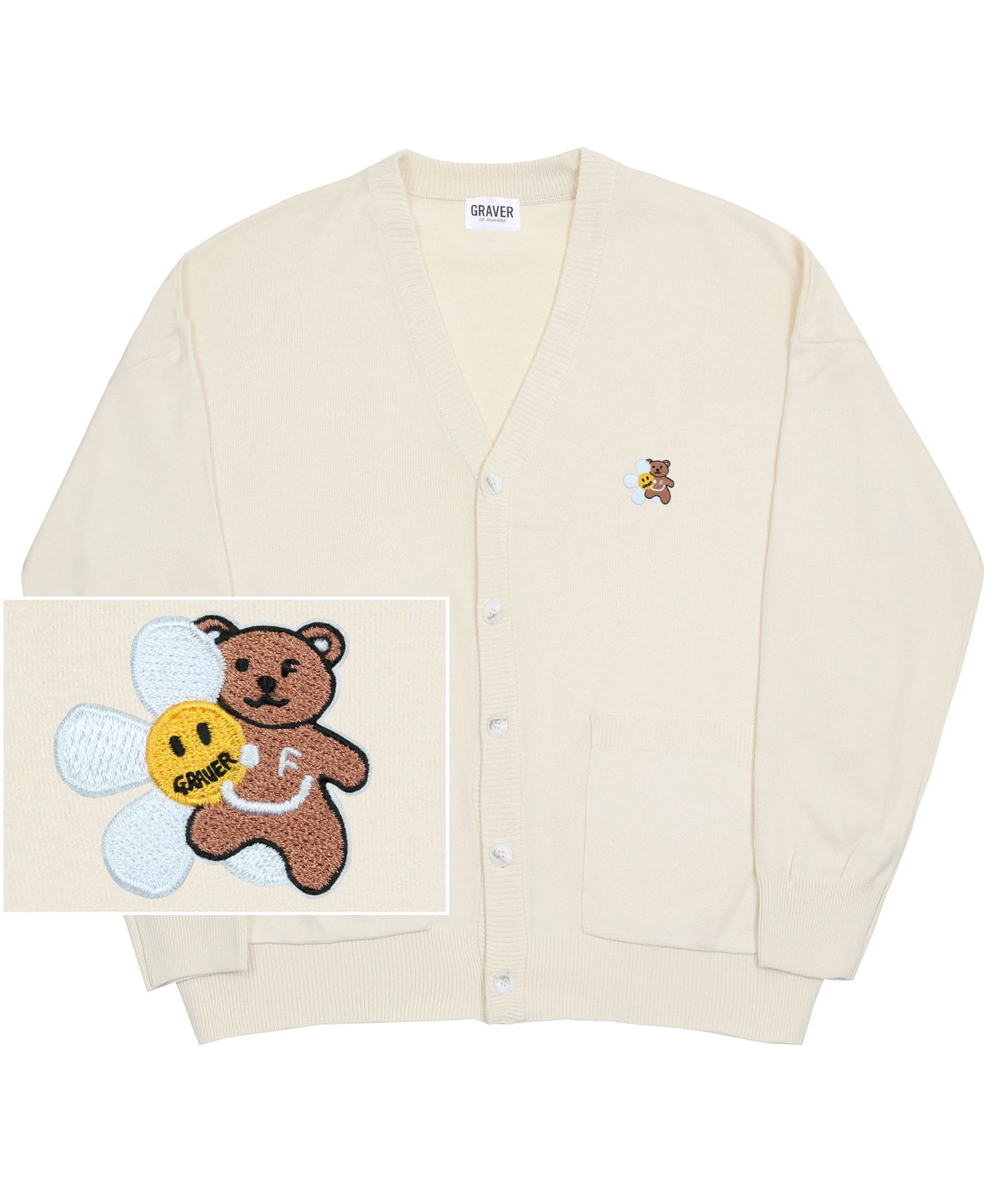 [GRAVER]★SMALL FLOWER BEAR FACE EMBROIDERY KNIT CARDIGAN Small flower bear face smile embroidery knit cardigan