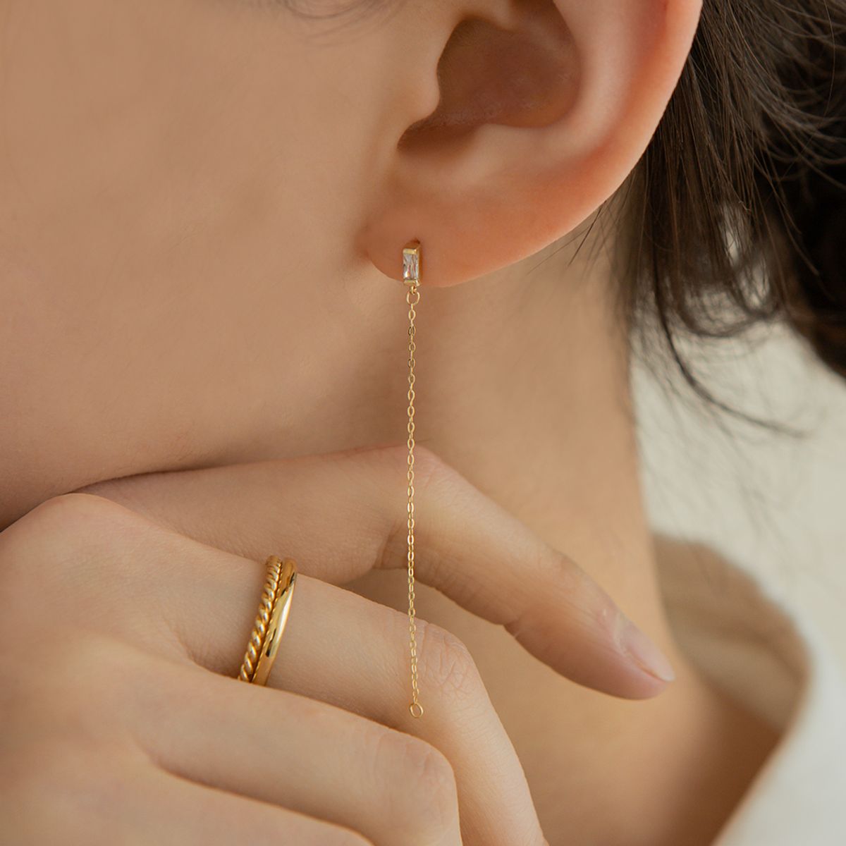 룬느(LUNNE) 14k 바게트 체인 드롭 귀걸이 (14k골드) A12